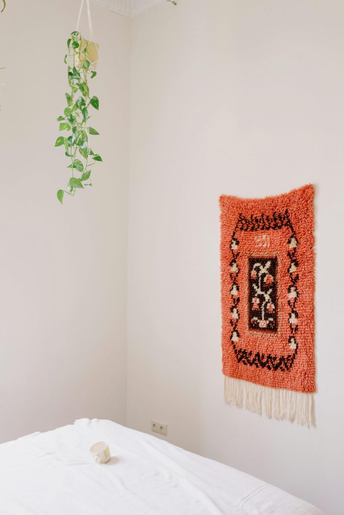 Bright soft decoration on white wall near bed under climbing plant in contemporary bedroom Décoration douce et lumineuse sur mur blanc près du lit sous plante grimpante dans chambre contemporaine